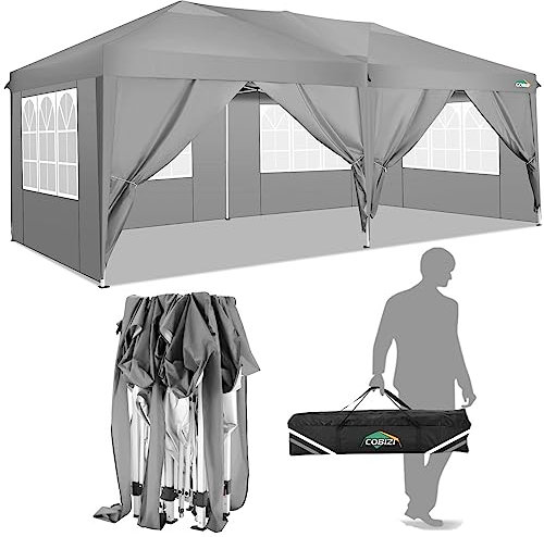 COBIZI Faltpavillon wasserdicht stabil Winterfest Pop up Pavillon 3 x 6 cm Faltbar mit 6 Seitenwnden UV-Schutz 50+ Festival Partyzelt 3 x 6 Zelt Gartenpavillon für Strand Hochzeit Picknick, Grau