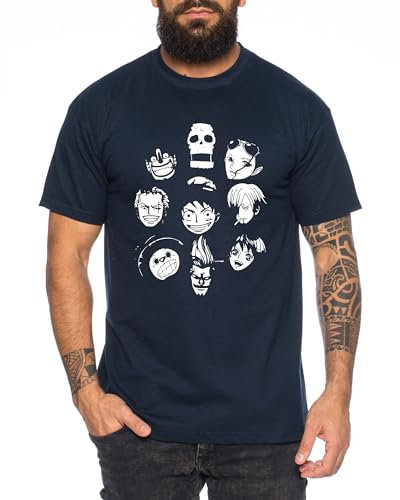 Team Face - Herren T-Shirt Straw Hat Luffy Zoro One Monkey D. Pirat Ace Piece Goku Anime Ruffy, Größe:4XL, Farbe:Dunkelblau