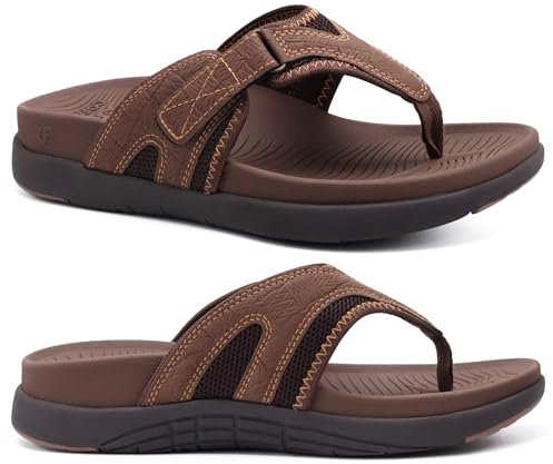 COFACE Mens Flip Flops with Arch Support Comfortable Leather Beach Sandals for Men Orthopedic Thick Cuhsion Adjustable Man Flip-flop Outdoor Size 7 brown