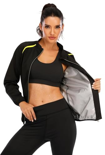 LAZAWG Traje de sauna para mujer, manga larga con cremallera, chaqueta de sauna para gimnasio, entrenamiento, traje de sudor, azul marino y negro, XXL