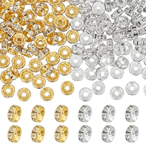 UNICRAFTALE 200 pz 2 colori Ottone Strass Distanziatori perlina Flangia Dritta Perline Dorate Tonde e Piatte Cristallo Rone Foro Piccolo Metallo Placcato Argento