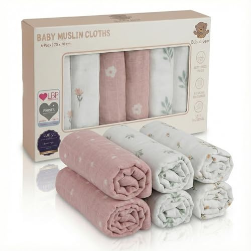 Bubba Bear Musselintücher für Babys, 70 cm x 70 cm, 6er-Pack Spucktücher aus Baumwolle, saugfähig und atmungsaktiv und ideal zum Reinigen, Abwischen und Abdecken von Neugeborenen (Blumen)