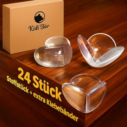 Kidi Bär Eckenschutz Baby 24 Stück Rund Kantenschutz inklusive zusätzlichen Klebestickern + Stoff 10x10cm | Selbstklebend | Rückstandslos Entfernbar | Eckenschutz | für alle Möbel | Weich &Transparent