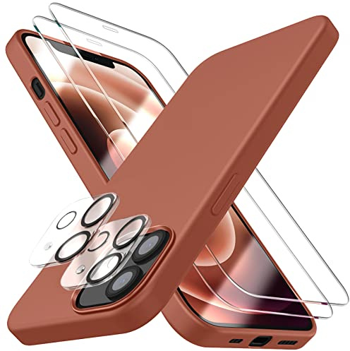 Dssairo [5 in 1 für iPhone 12 Hülle/iPhone 12 Pro Hülle 6.1, mit 2 Pack Displayschutzfolie + 2 Pack Kameraobjektivschutz, Flüssigsilikon Slim Stoßfest Schutzhülle Handyhülle(Zimt)
