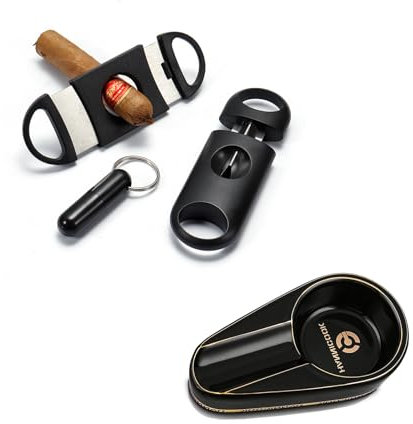 Wohlstand 3 piezas cortapuros,Doble Hoja Cigar Cutter,Cortador de Puros de Acero Inoxidable,Herramienta para Cortar Puros,Cortapuros para la mayoría de los puros con cenicero para puros
