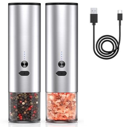 hxoity Juego De Molinillo Eléctrico De Sal Y Pimienta con Luz LED Blanca Saleros Y Pimenteros De Aspereza Ajustables Operado con Una Mano 120 Ml De Gran Capacidad Cinta-C Recargable(2)