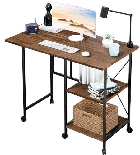 ulafbwur Rollbarer Computertisch mit 4 Rädern, klappbarer Computertisch, Home-Office-Schreibtisch mit 2 Ablageflächen, einfacher mobiler Schreibtisch, klappbarer Computertisch, 42 Zoll Braun