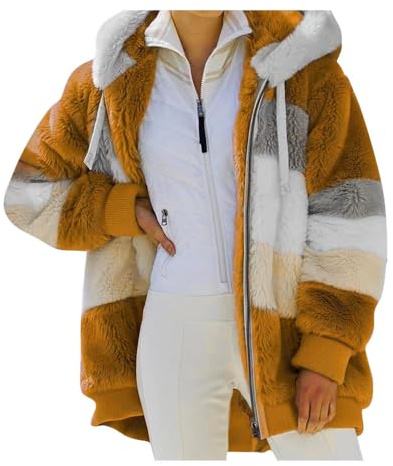 VDDTAGAM Manteaux Polaire Zippée pour Femme Mode en Peluche à Capuche Épaissir Blouson Chaud Hiver Décontractée Doux Ample Veste Manche Longue Cardigan Casual Bloc de Couleur Mode Hiver Outerwear