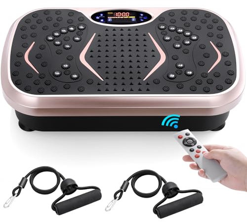 TLGREEN Piastra Vibrante, Design Compatto, 99 Livelli, 5 Programmi di Allenamento, con Bande di Resistenza, Touch Screen e Telecomando, Fitness Pedana Vibrazioni, Tavola Vibrante per Casa (Champagne)