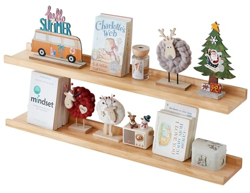 TREOAKWIS Wooden Floating Wall Shelf - Solid Wood Picture Ledge Shelf Wall Mounted Decor, Display Floating Shelf for Nursery Living Room Office Bedroom (Natural, 90cm)