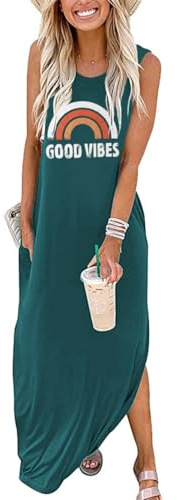 Sxkayxr Damen Sommerkleider Maxikleid Sommer Ärmellos T Shirt A-Linie Maxi Kleider Maxikleider mit Taschen