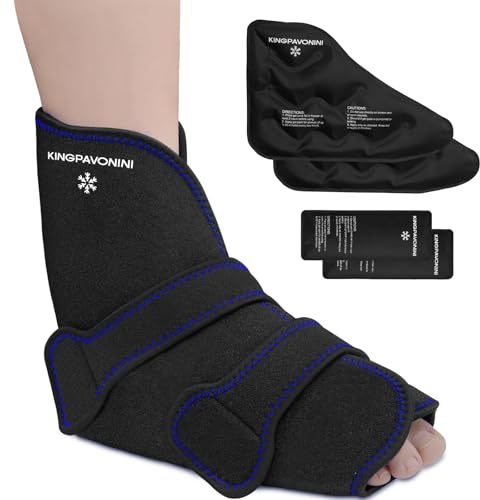 KingPavonini Poche de glace Cheville/Pied, pour entorses & récupération post-opératoire, Sacs de glace réutilisables, Pour pied blessé, fasciite & tendinite,froid/chaud thérapeutique(1 bandage+4 sacs)