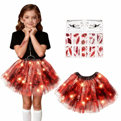 Sunwuun Karneval Fledermaus Kostüm Mädchen,Batman Kinder,LED Cosplay Hexe Mädchen Tutu Kleid mit Gesichtstattoo,Schminke Kostüm Makeup Hexen Accessoires,Halloween Karneval Party Fasching Mottoparty