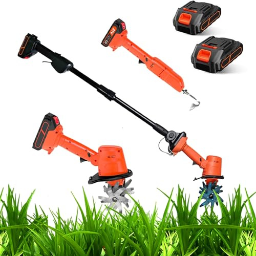 RSPPPJQ Cordless Mini Tiller Cultivator,Electric Mini Digging Hoe with Telescopic Pole, 2 Batteries, 4 Working Width, for trenching, weeding, and wilderness reclamation