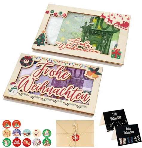 Holz Geldgeschenk Weihnachten-2 Stück Geldgeschenke Verpackung Weihnachten-Adventskalender zum Befüllen mit Weihnachtskarte Umschlag Sticker Band-Verpackung für Geldgeschenke(Geschenkset – 2)