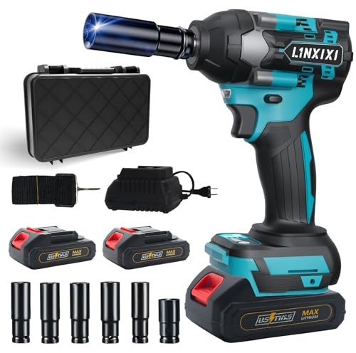 Schlagschrauber Akku 1000Nm für Makita 18V Batterie 3000RPM Schrauber | mit 2pcs 18V 2,0Ah Akkus 1/2 Zoll Bürstenloser 6 Schlagbuchsen für Schraube und Mutter Auto LKW Reifen Removal