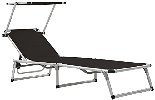 QUAHEAS Sonnenliege Klappbar mit Sonnenschutz, Aluminium & Textilene Schwarz, 186x58x25,5cm, Gartenliege für Strand, Pool & Terrasse, Tragbar, Faltbar
