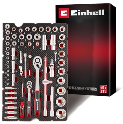 Einhell E-Case Werkzeugeinlage 60-tlg. Stecknuss- und Ratschen-Set | Umschaltknarren | Zündkerzeneinsätze | Stecknüsse | Stecknuss-Verlängerungen | Kardangelenke | E-Case-System