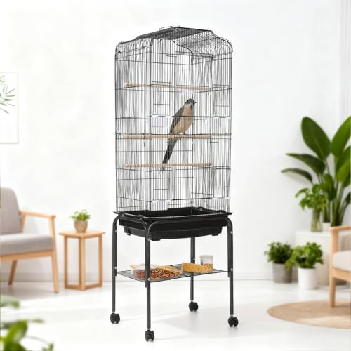 Bird Cage, Budgie Cages for Finch Canary, Parakeet with Stand Wheels Slide-out Tray Accessories Storage Shelf, 1 Water Bottle, 4 Splash-Proof Food Bowl, Easy to Assemble, Black 47 x 37 x 137.5 cm