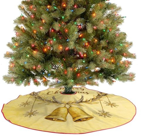 Rentiergeweih Goldene Blätter Reben und Glocke Weihnachtsbaum Rock 90 cm Weihnachtsbaum Rock Rund Baumschmuck Röcke Baummatte für Urlaub Weihnachten Party Dekorationen