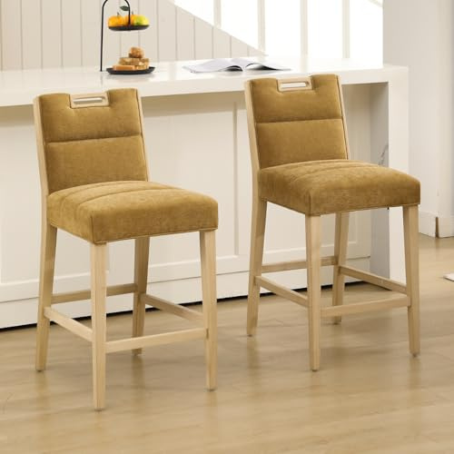 chairus Juego de 2 Taburetes de Bar de Madera sin Reposabrazos Silla Alta de Barra con Asiento Acolchado, Taburetes de Mostrador de Chenilla para Isla de Cocina/Cafetería, Amarillo