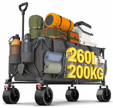 JUMMICO XXXL Faltbarer Bollerwagen 260L 200KG Tragkraft, Kapazität 17cm Ballonreifen Doppelte Feststellbremse Strand Einkauf Fest Camping Transportwagen, Grau