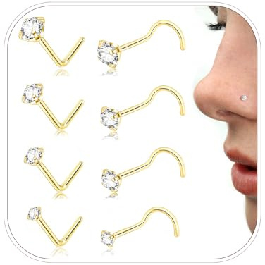 Sweetkiki 8 Stück Nasenpiercing Stecker, Chirurgenstahl Nasenring Gold Dünn Hypoallergene Nasenstecker Silber L-förmiger Screw Nasenring Mit Zirkonia 1.5/2/2.5/3mm Nostril Piercing für Damen Herren