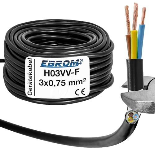 EBROM Schlauchleitung Gerätekabel -RUND- H03VV-F 3x0,75 mm², schwarz, 100 m | von 5 bis 200 Meter flexibel - 3x0,75 mm2 - z.B. für Leuchten, Elektrogeräte, Kleinverbraucher, für leichte Beanspruchungen
