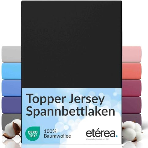 etérea Jersey Topper Spannbettlaken 90x200-100x200 cm Schwarz 5-10cm | 100% Baumwolle Jersey Spannbetttuch · für Topper 5–10 cm Steghöhe · bügelfrei & pflegeleicht · OEKO-TEX Made in Green