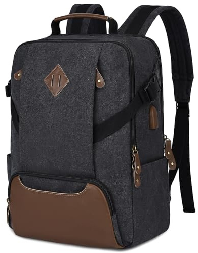 Kasgo Mochila Hombre Mujer, 18L Mochila Adolescente Lona Vintage Impermeable Antirrobo Portátil Ordenador 15.6 Pulgadas con Puerto USB para Viaje Trabajo Universidad, Negro
