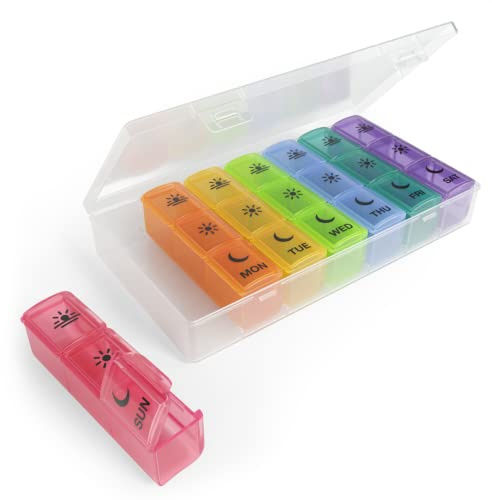 Ezy Dose Weekly (7-Day) Pill Case, Medicine Planner, Vitamin Organizer Box, Convenient and Easy to Use, X-Large Pop-Out Compartments, 3 Times a Day, Rainbow Lids with Case, BPA Free