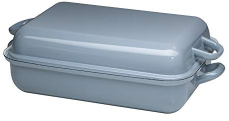Riess, 0105-065, Bratpfanne mit Deckel 37/26, Bräter, Ofenpfanne, CLASSIC - PURE GREY, 37 x 26 cm, Höhe 13,3 cm, Emaille, helles Grau