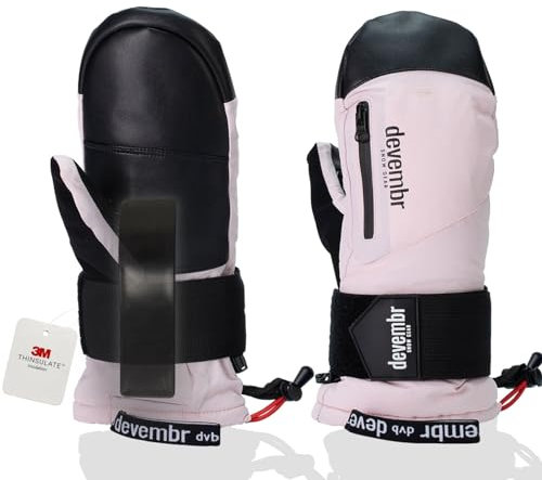 devembr Ski-Fäustlinge mit Handgelenkschützern, Warme Snowboard-Fäustlinge, Wasserdicht, Rosa, L