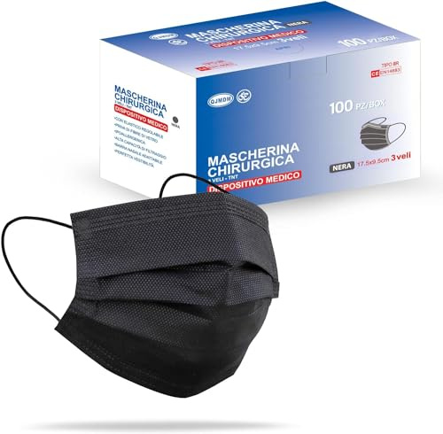 Stone&Stone S&SMedizinische Gesichtsmasken, 100 Stück italienische schwarz, CE-zertifiziert, Schutz 99% medizinisches Gerät, hergestellt in Italien, chirurgische Maske für Kinder, weich, bequem, ohne