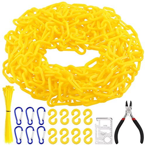 Mardatt 67Pcs 32 Feet Plastic Safety Barrier Chain with Carabiner D Rings, S-Hooks, Chain Cutter, Pliers and Zip Ties Caution Security Chain Link Parking Barriers for Halloween Chains Crowd Control