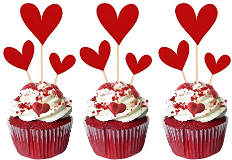 Xsstarmi 30 Pack Love Heart Valentine's Day Cupcake Toppers Glitter Heart Sweet Love Valentine Cupcake Picks for Valentine's Day Theme Wedding Anniversary Party Cake Decorations Supplies Red