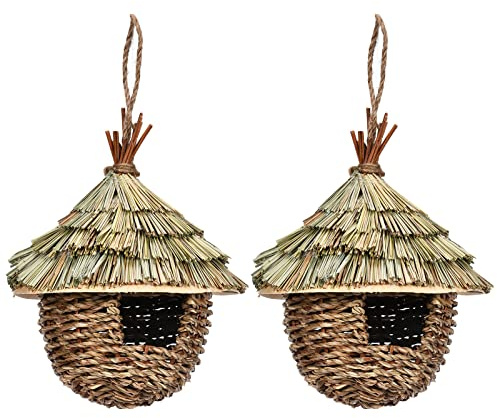 BYNYXI Nido de paja para pájaros, 2 unidades, tejido nido para pájaros, nido para jaula, cajas nido para pájaros para colgar, hierba y pájaros, nido para periquitos, canarios, mirlo, colibrí, 17 cm x