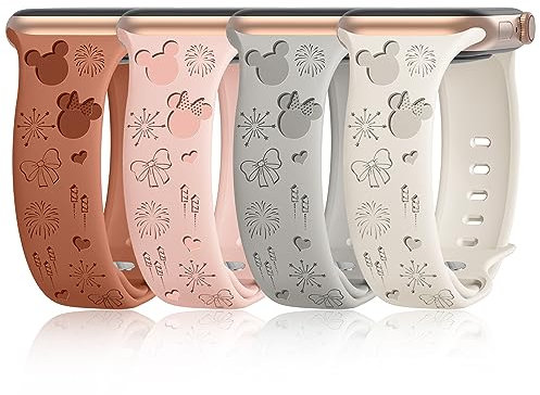 iWabcertoo 4 Pack Cartoon Engraved Bands Compatible with Apple Watch Band 40mm 41mm 38mm 42mm 44mm 45mm 49mm Women,Soft Silicone Cute Designer Strap for iWatch Bands Series SE 9 8 7 6 5 4 3 2 1 Ultra