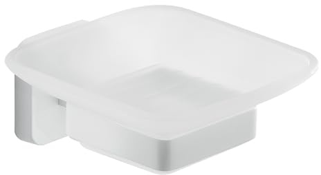 Gedy Tonga Portasapone Bagno da Muro Finitura Bianco Opaco, Fissaggio con Viti o Adesivo, Portasapone Bagno in Cromall, Porta Saponetta Bagno da Muro con Contenitore in Vetro Satinato, Portasaponetta