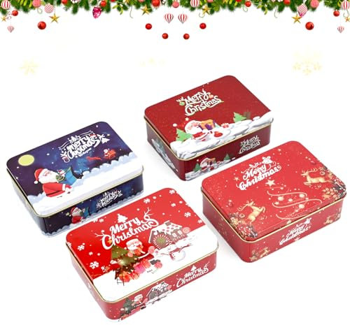 TSLBW 4 Pezzi Scatole Di Biscotti Di Latta Di Natale, Quadrato Scatole Di Latta Vuote Alci Di Babbo Natale Con Coperchi Barattolo per Candele Fai Da Te Caramelle Spezie Per Il Tè Regali Di Natale