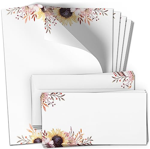10 Briefpapier und Briefumschlag Set | Sonnenblume Blumen Sommer Floral | Schreibpapier A4 & Umschlag DIN Lang | Design Papier
