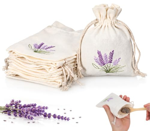 TOPBATHY 10 Pieces Lavender Sachets, Natura Linen Lavender Bags for Moths, Drawstring Empty Dried Flowers Bag to Fill, Small Cotton Pouch for Spice, Dried Flowers, Herbs, Jewellery