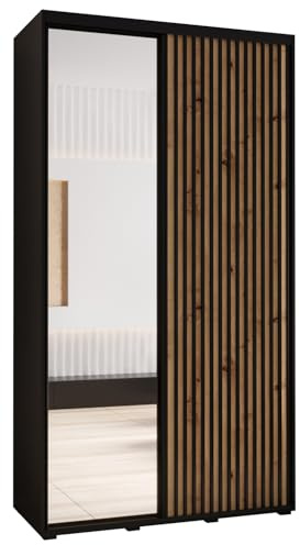 ABIKSMEBLE Sapporo 2 Armoire Moderne à Deux Portes Coulissantes avec Miroir, Barre, Étagères - Armoire de Rangement pour Chambre, Salon - 205,2x140x45 cm - Noir Artisan Noir