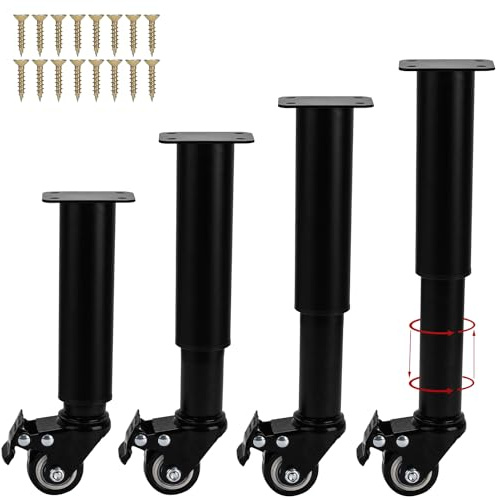 Patas de metal ajustables para muebles de 14 a 16 cm con ruedas, juego de 4 patas de soporte de listones centrales de alta resistencia, patas de repuesto para armario, sofá, soporte de TV, escritorio,