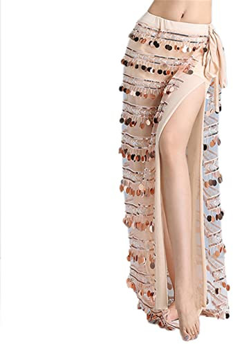 Bauchtanz-Rock, Bauchtanz-Kostüm, Bauchtanz-Gürtel for Damen, Hüfttuch, glänzender Langer Rock mit Pailletten, Wickel-Mesh-Basis, Bauchtanz-Gürtel for Damen, Hüfttuch (Color : Champagne, Size : M)