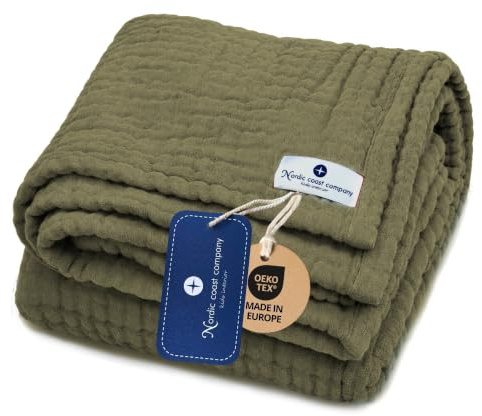 nordic coast company Musselin Decke Baby [80 x 80 cm] – Musselindecke | Krabbeldecke Neugeborene – 100% Baumwolle, 4-lagig, Spucktuch, Stilltuch – Baby Erstausstattung Neugeborene (Oliv)