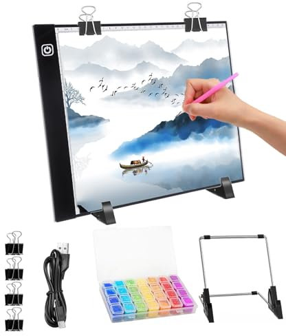 Weiongppy Leuchttisch A4, Leuchtplatte mit Ständer, 3 Einstellbare Helligkeit, 3mm Ultra dünn, Diamond Painting Zubehör für Kinder, LED Licht Pad, Lichtpad für Designen Zeichnen Skizzieren