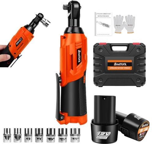 Electric Cordless Ratchet Wrench Set, 3/8 Cordless Ratchet Wrench Kit with 2 Pack Li-Ion Batteries, 7 Sockets, Electric Ratchet with Forward and Reverse Function, Led Light for Car Repair, Orange