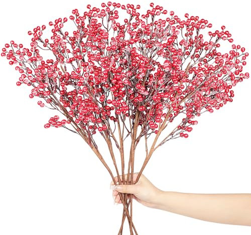 Wlicon 6 Le Grand Branches de Baies, 73.5 cm tiges de Baies Rouges artificielles décoration d'arbre de Noël Gommage à Neige tiges de Houx pour l'arrangement Floral Arbre de Noël Maison de décoration