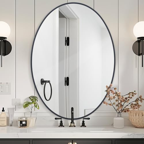 Melodieux Oval Wall Mirror 61x91cm Black Circle Hanging Wall Home Decorative Wall Mounted Vanity Mirror for Bathroom Living Room Hallway